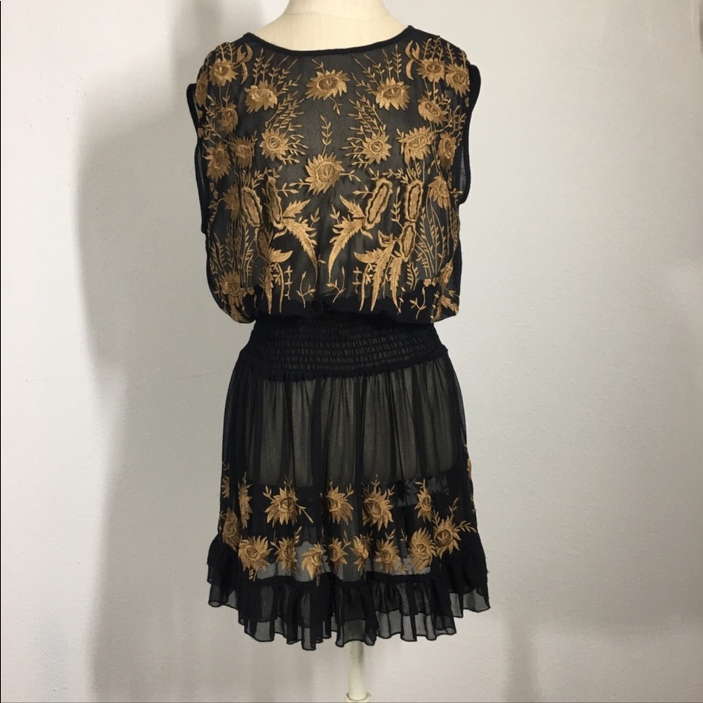 Free People Sheer Black Golden Embroidered Dress M